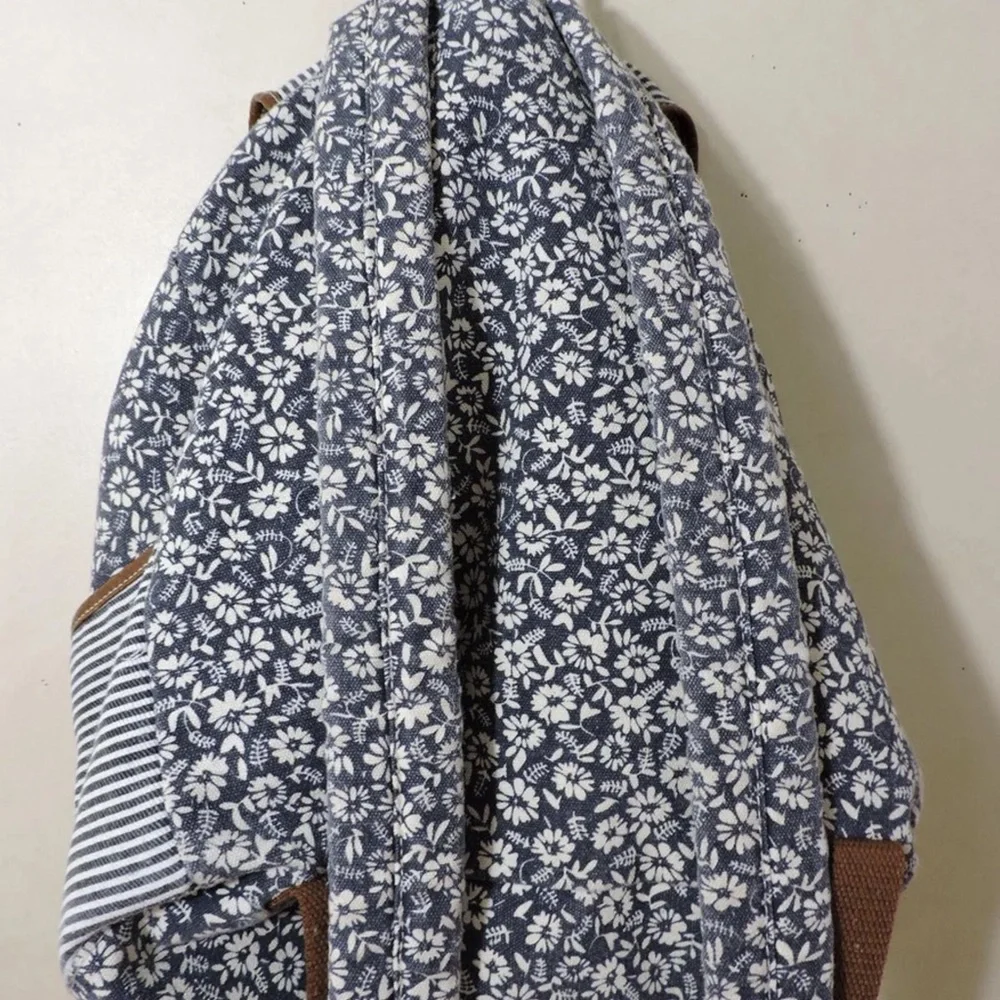 UNIONBAY Navy Floral & White Striped Canvas Backpack with Brown Trim